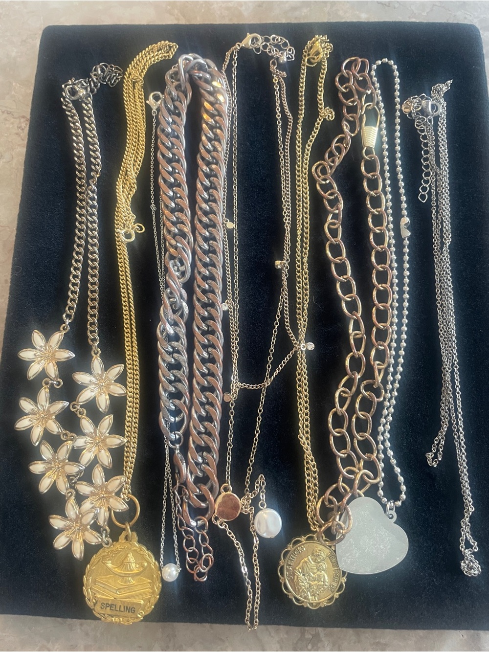 VINTAGE lot of 9 Gold-Tone Spelling Medal Pendant Necklace ect!